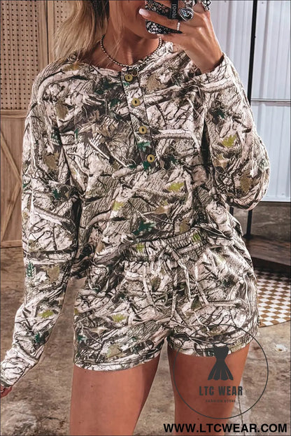 Brown camo long sleeve top elastic waist shorts two piece set - short sets