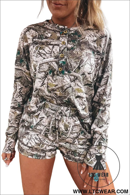 Brown camo long sleeve top elastic waist shorts two piece set - short sets