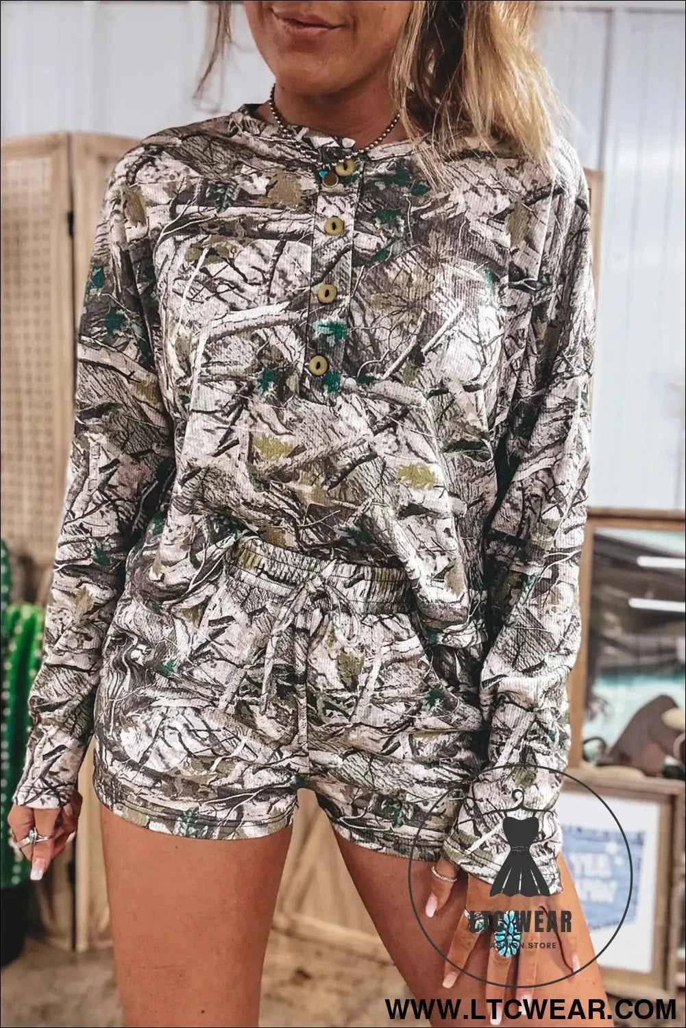 Brown Camo Long Sleeve Top Elastic Waist Shorts Two Piece Set