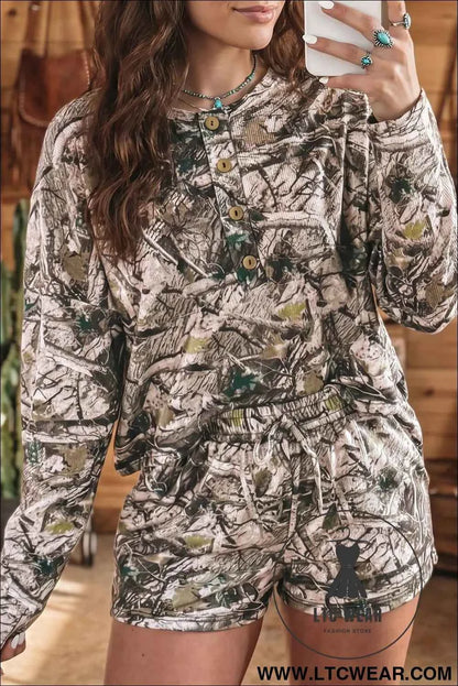 Brown Camo Long Sleeve Top Elastic Waist Shorts Two Piece Set