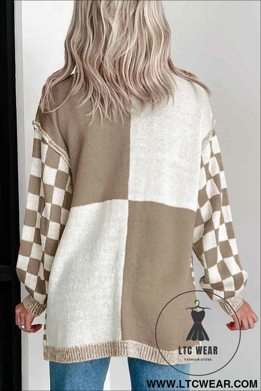Brown Checkered Open Front Drop Shoulder Cardigan