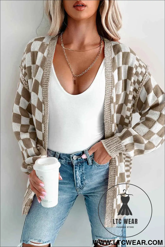 Brown Checkered Open Front Drop Shoulder Cardigan