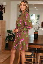 Brown Contrast Floral Print Babydoll Tunic Ruffled Hem Puff Sleeve Dress