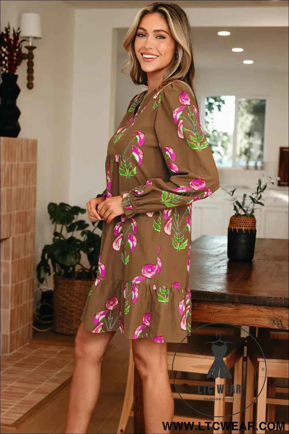 Brown Contrast Floral Print Babydoll Tunic Ruffled Hem Puff Sleeve Dress