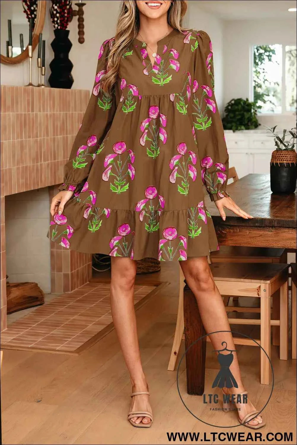 Brown Contrast Floral Print Babydoll Tunic Ruffled Hem Puff Sleeve Dress