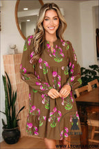 Brown Contrast Floral Print Babydoll Tunic Ruffled Hem Puff Sleeve Dress