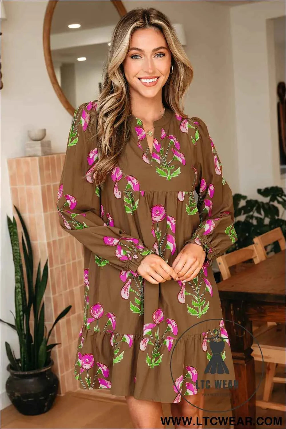 Brown Contrast Floral Print Babydoll Tunic Ruffled Hem Puff Sleeve Dress