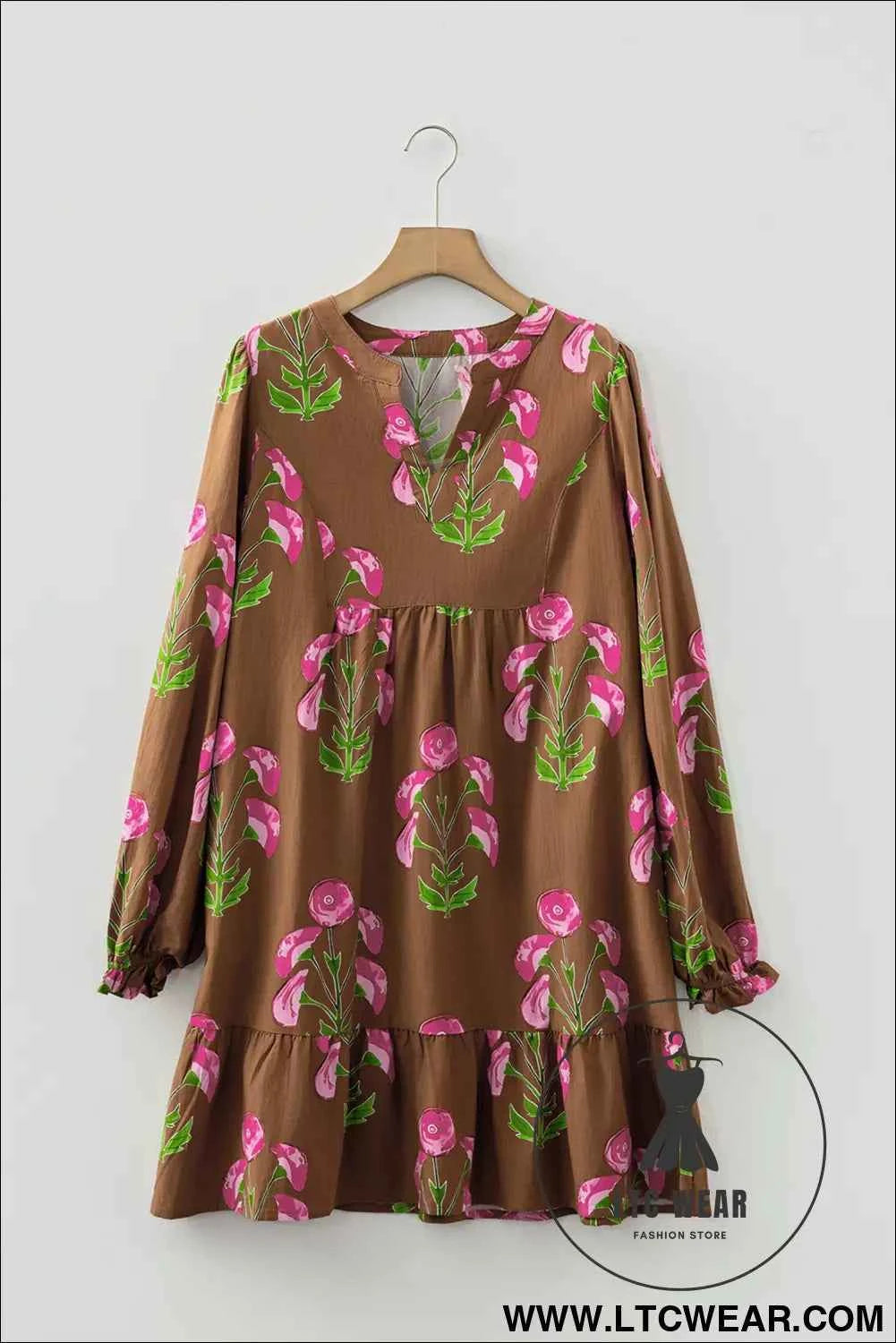 Brown Contrast Floral Print Babydoll Tunic Ruffled Hem Puff Sleeve Dress