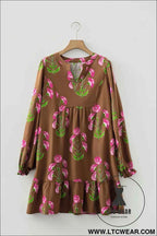 Brown Contrast Floral Print Babydoll Tunic Ruffled Hem Puff Sleeve Dress