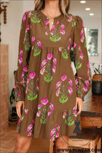 Brown Contrast Floral Print Babydoll Tunic Ruffled Hem Puff Sleeve Dress