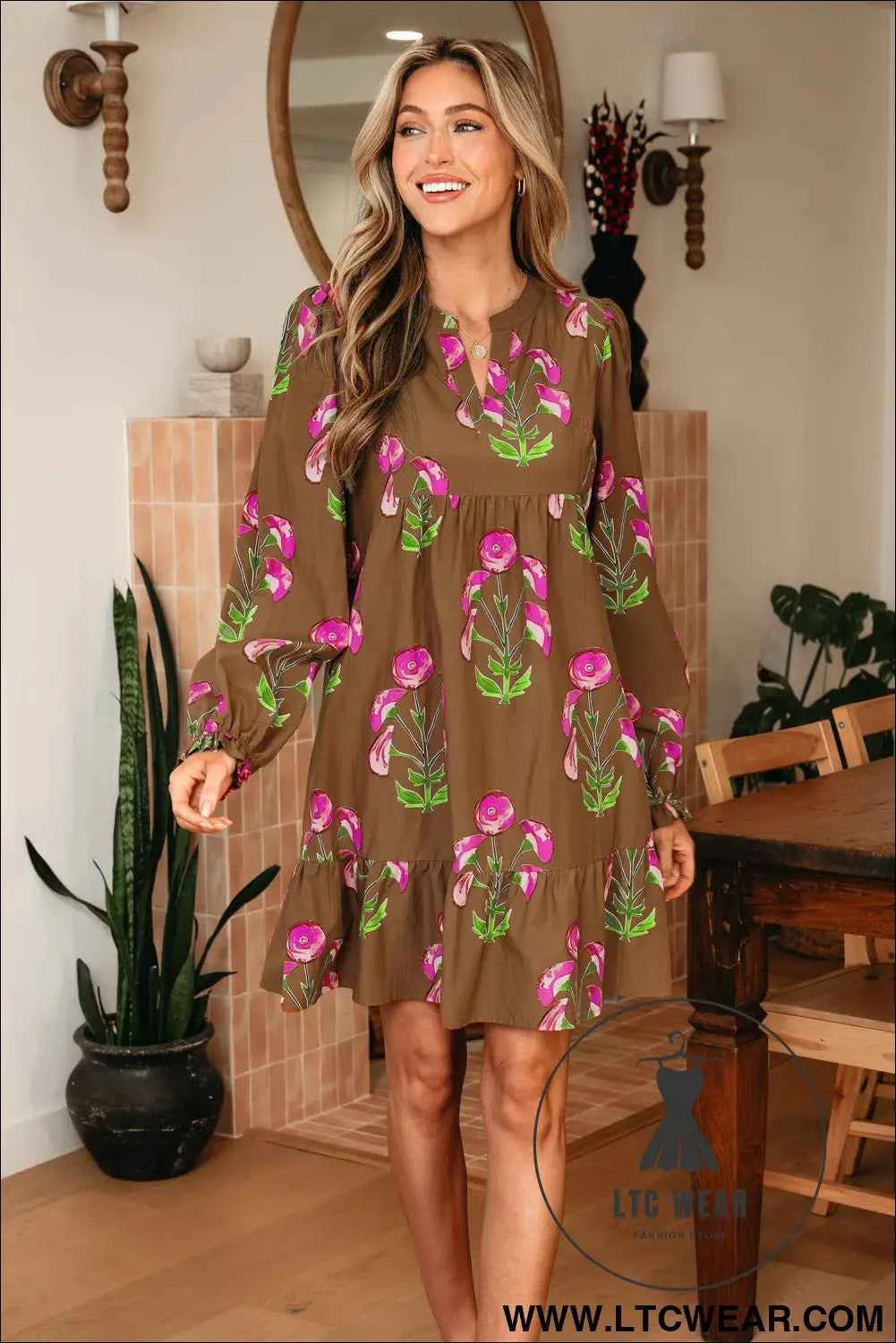 Brown Contrast Floral Print Babydoll Tunic Ruffled Hem Puff Sleeve Dress