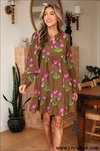Brown Contrast Floral Print Babydoll Tunic Ruffled Hem Puff Sleeve Dress