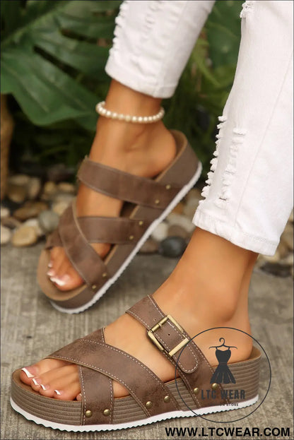 Brown faux suede pu leather strappy cutout retro slippers - brown / 37 / 100% polyester + 100% tpr - slippers