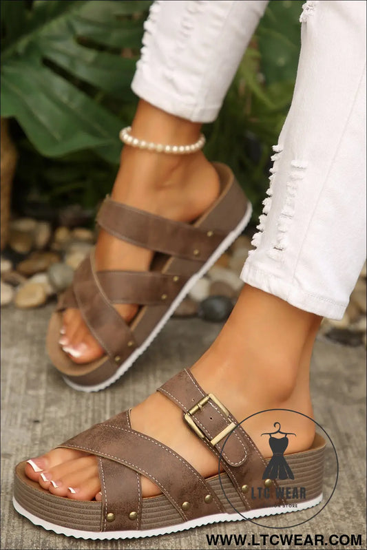 Brown faux suede pu leather strappy cutout retro slippers - brown / 37 / 100% polyester + 100% tpr - slippers