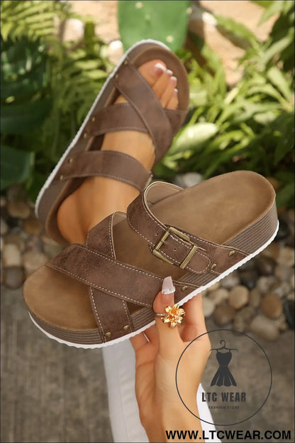 Brown faux suede pu leather strappy cutout retro slippers - slippers