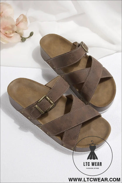 Brown faux suede pu leather strappy cutout retro slippers - slippers