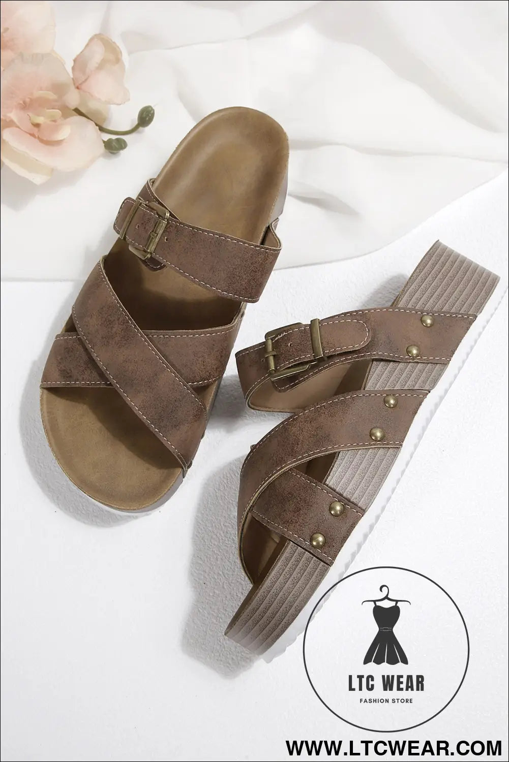 Brown faux suede pu leather strappy cutout retro slippers - slippers