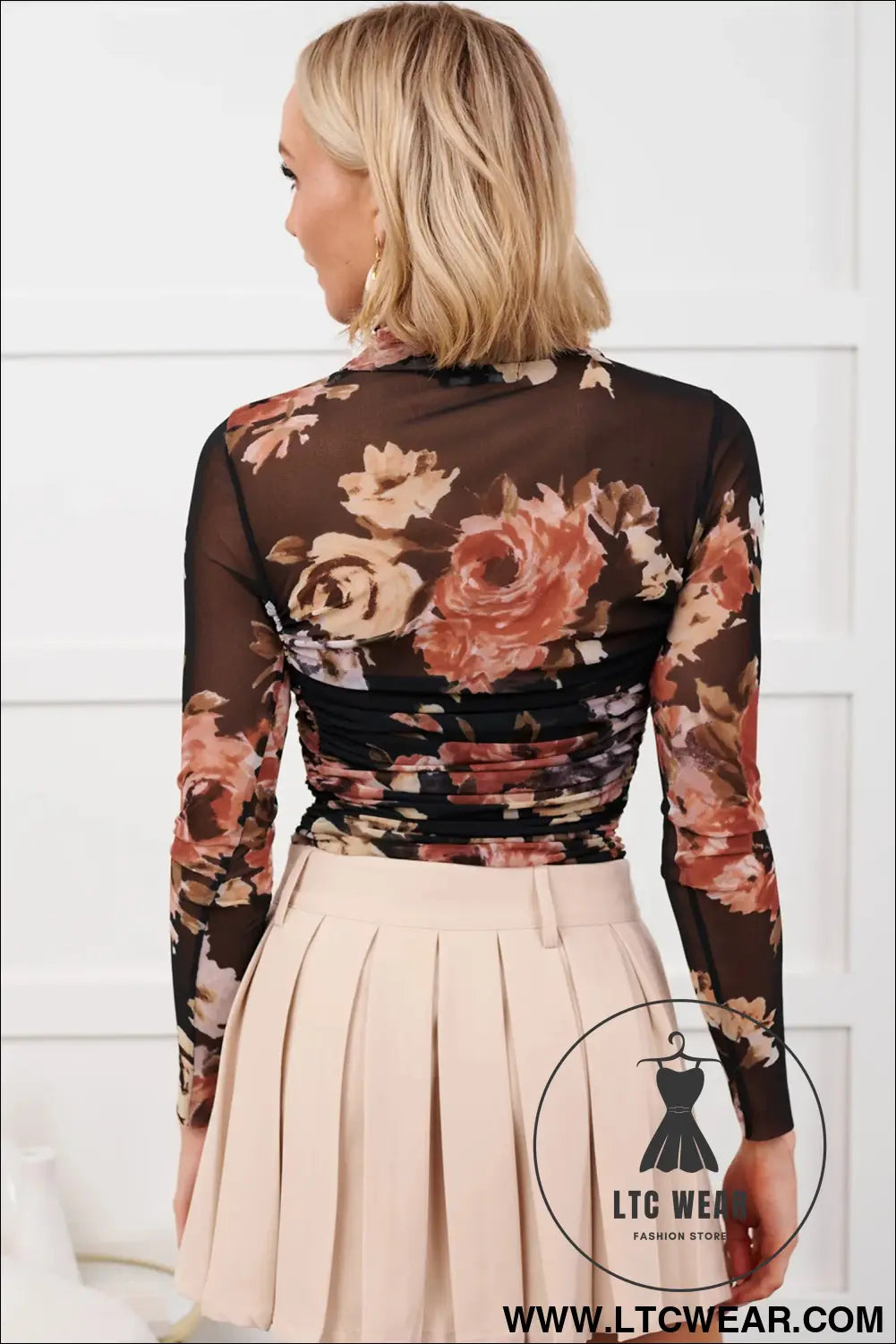 Brown floral mesh long sleeve high neck bodysuit - bodysuits