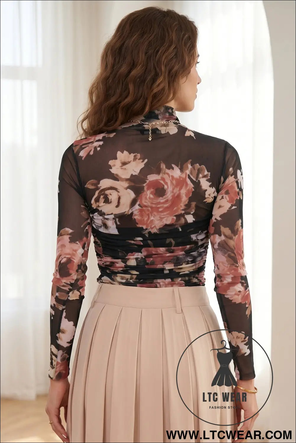 Brown floral mesh long sleeve high neck bodysuit - bodysuits