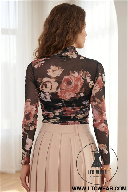 Brown floral mesh long sleeve high neck bodysuit - bodysuits