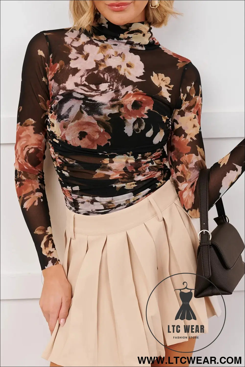 Brown floral mesh long sleeve high neck bodysuit - bodysuits