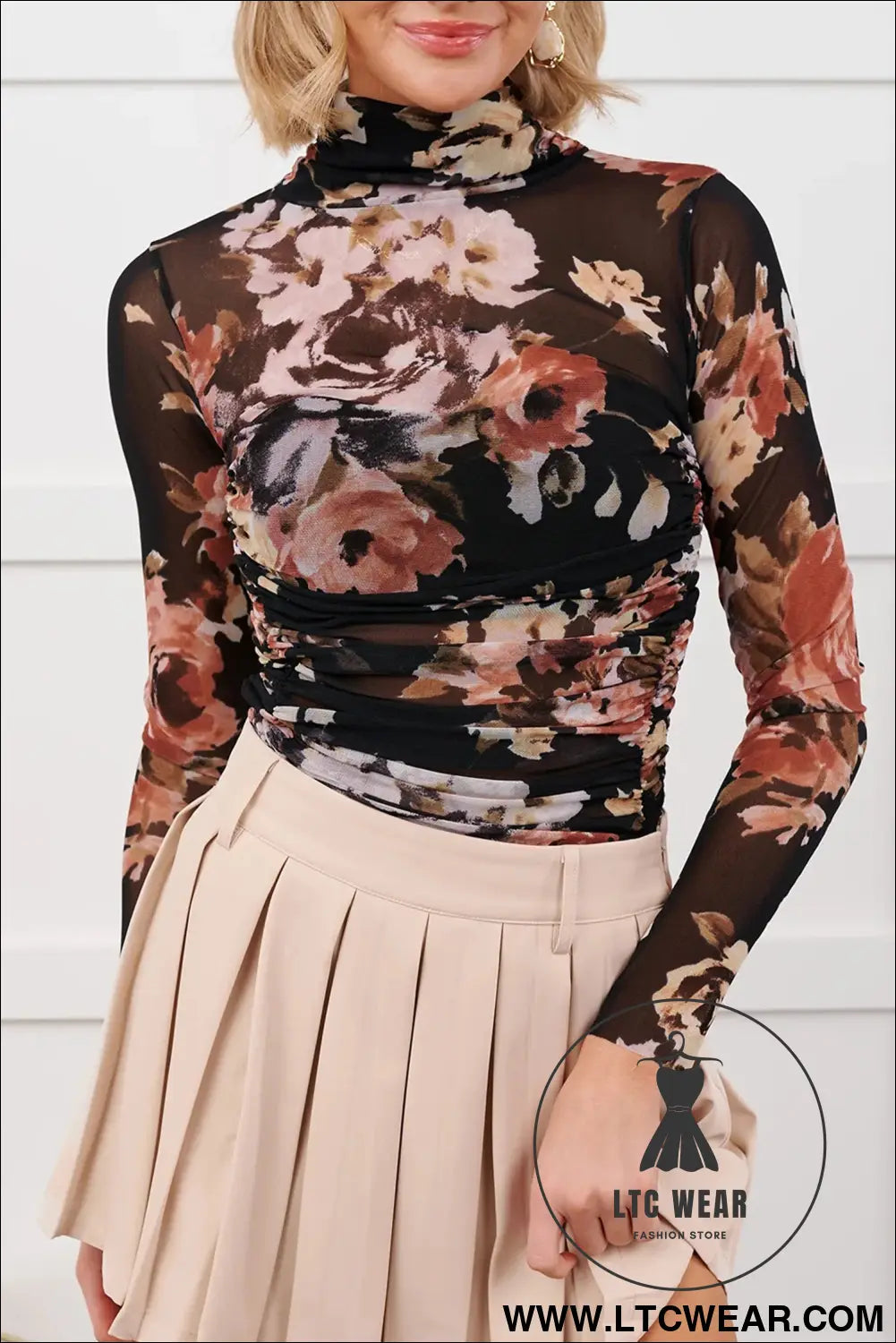 Brown floral mesh long sleeve high neck bodysuit - bodysuits