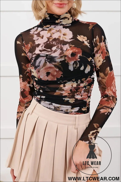 Brown floral mesh long sleeve high neck bodysuit - bodysuits