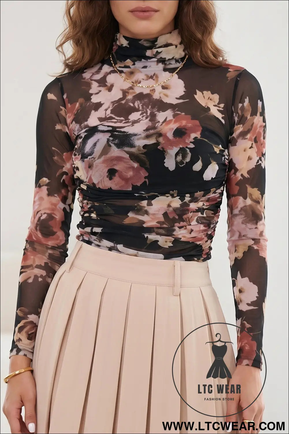 Brown floral mesh long sleeve high neck bodysuit - brown / l / 95% polyester + 5% elastane - bodysuits
