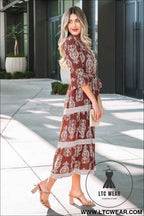 Brown Floral Print Belted Striped Trim Tiered Maxi Dress
