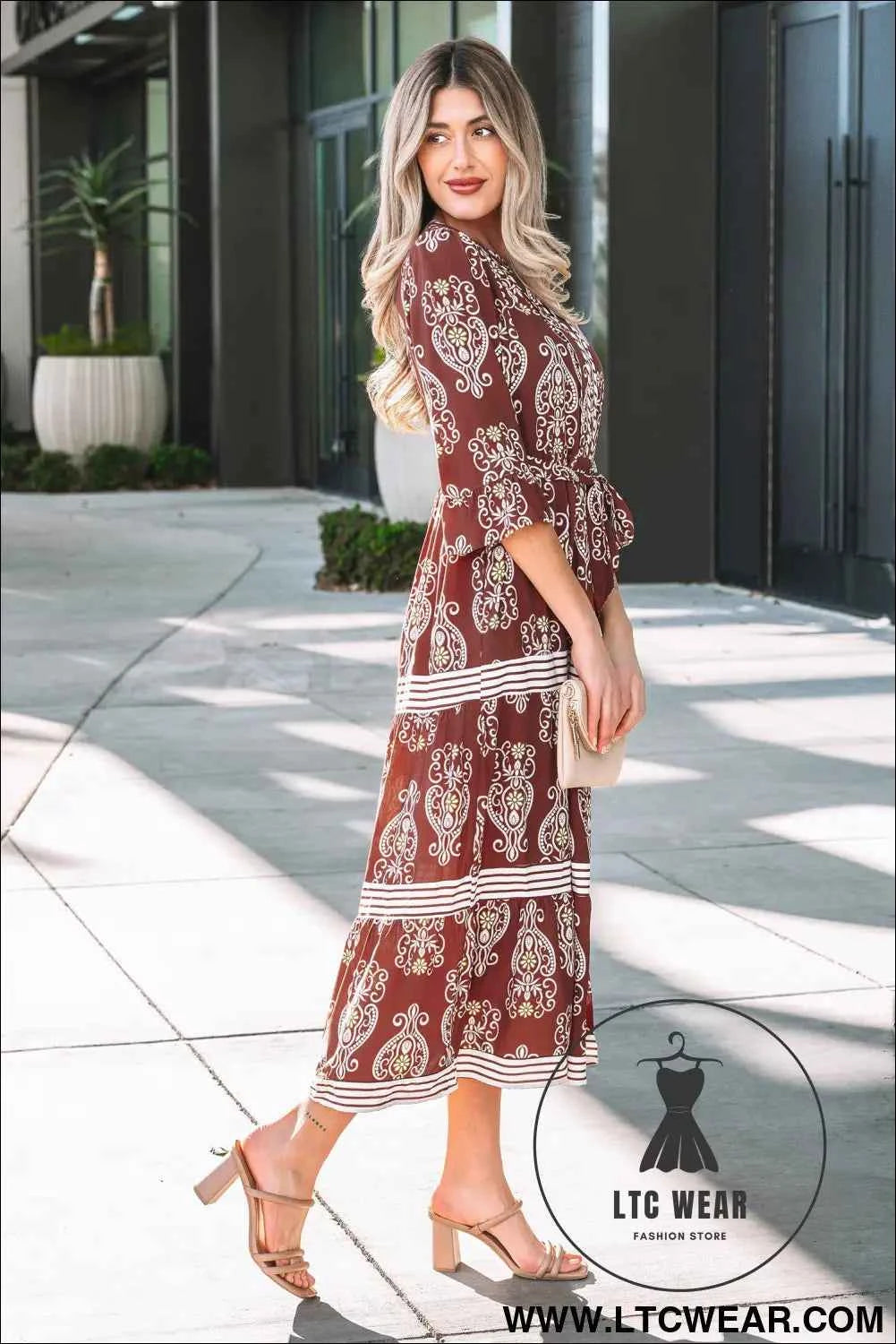 Brown Floral Print Belted Striped Trim Tiered Maxi Dress