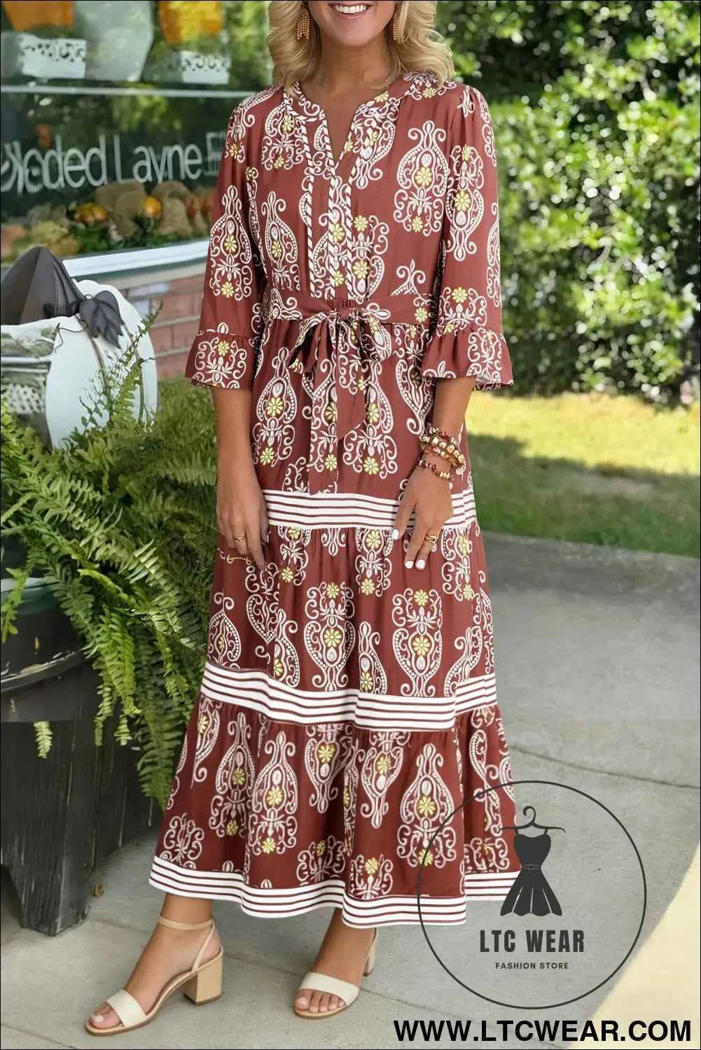 Brown Floral Print Belted Striped Trim Tiered Maxi Dress