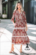 Brown Floral Print Belted Striped Trim Tiered Maxi Dress