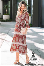 Brown Floral Print Belted Striped Trim Tiered Maxi Dress