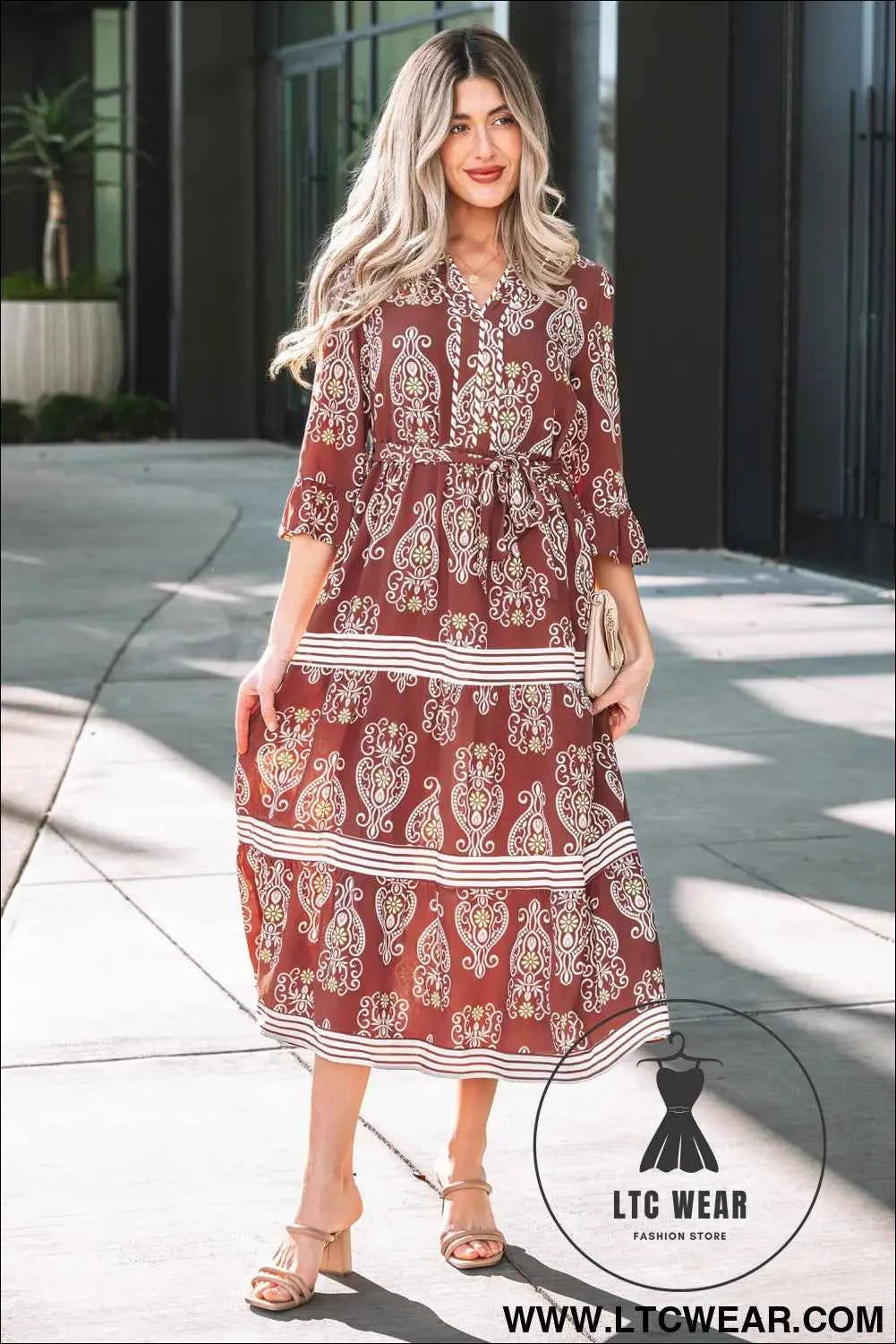 Brown Floral Print Belted Striped Trim Tiered Maxi Dress