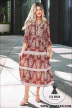 Brown Floral Print Belted Striped Trim Tiered Maxi Dress
