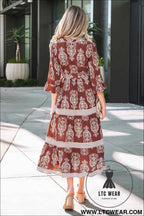 Brown Floral Print Belted Striped Trim Tiered Maxi Dress