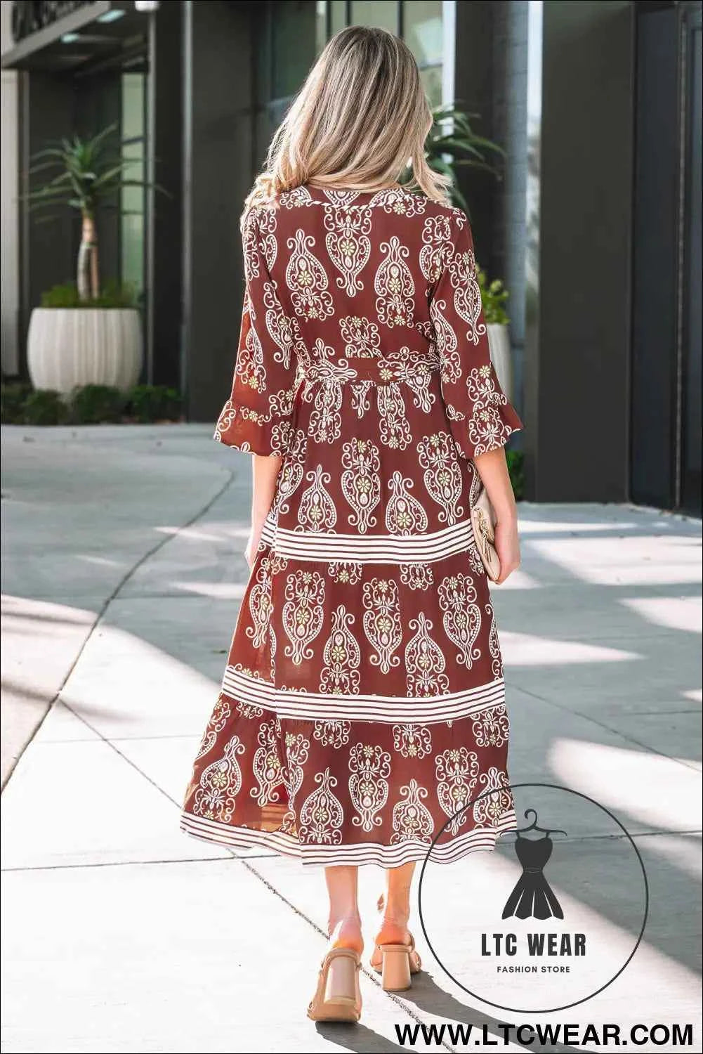 Brown Floral Print Belted Striped Trim Tiered Maxi Dress