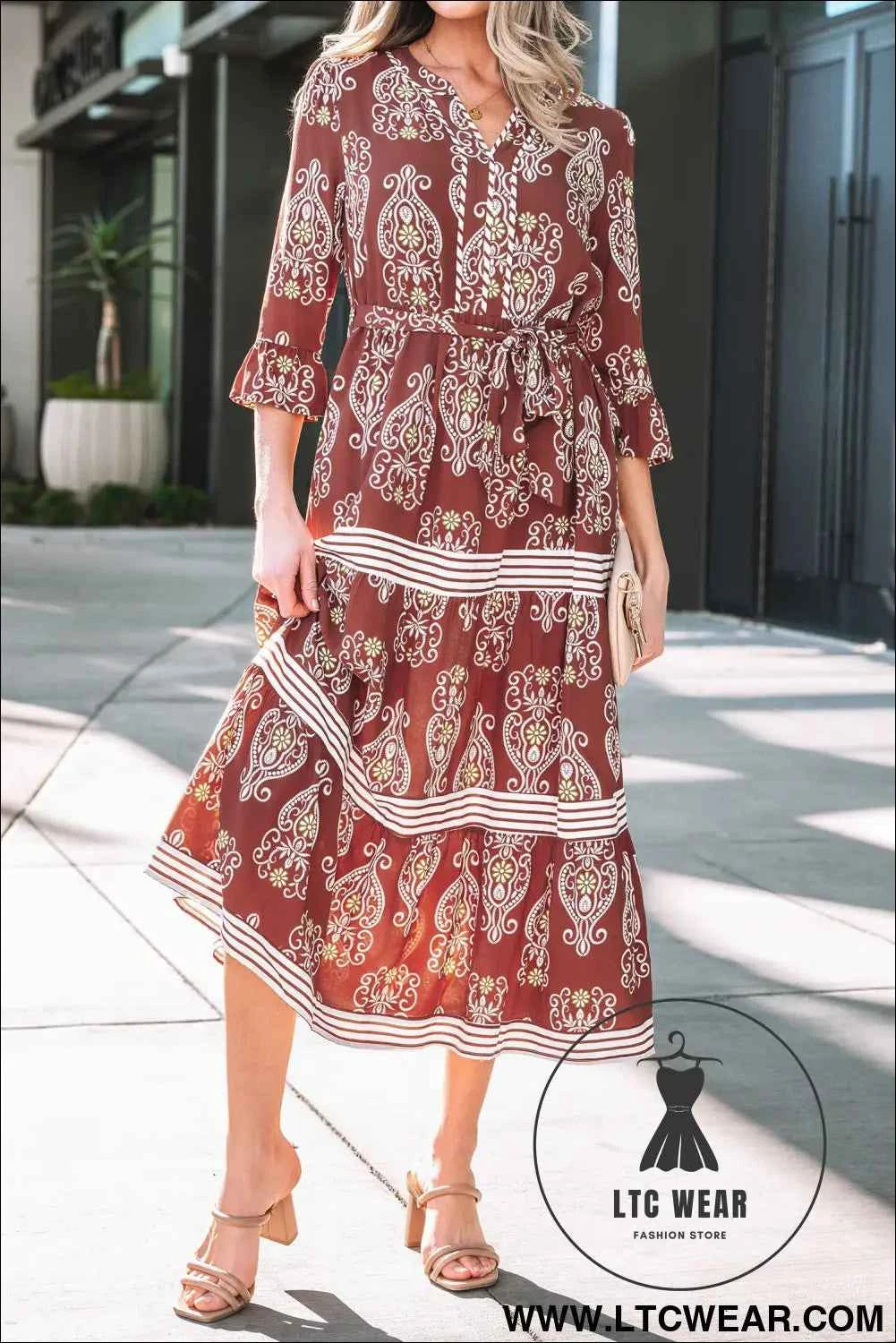 Brown Floral Print Belted Striped Trim Tiered Maxi Dress