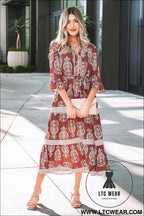 Brown Floral Print Belted Striped Trim Tiered Maxi Dress