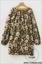 Brown Floral Print Contrast Trim V Neck Pocketed Long Sleeve Mini Dress