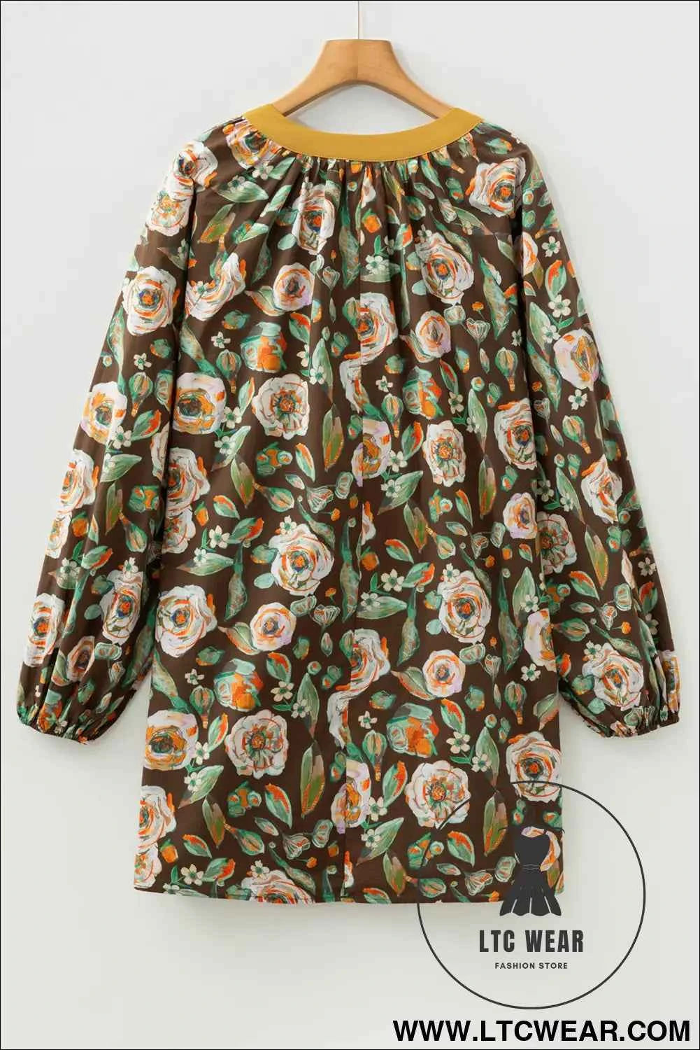 Brown Floral Print Contrast Trim V Neck Pocketed Long Sleeve Mini Dress
