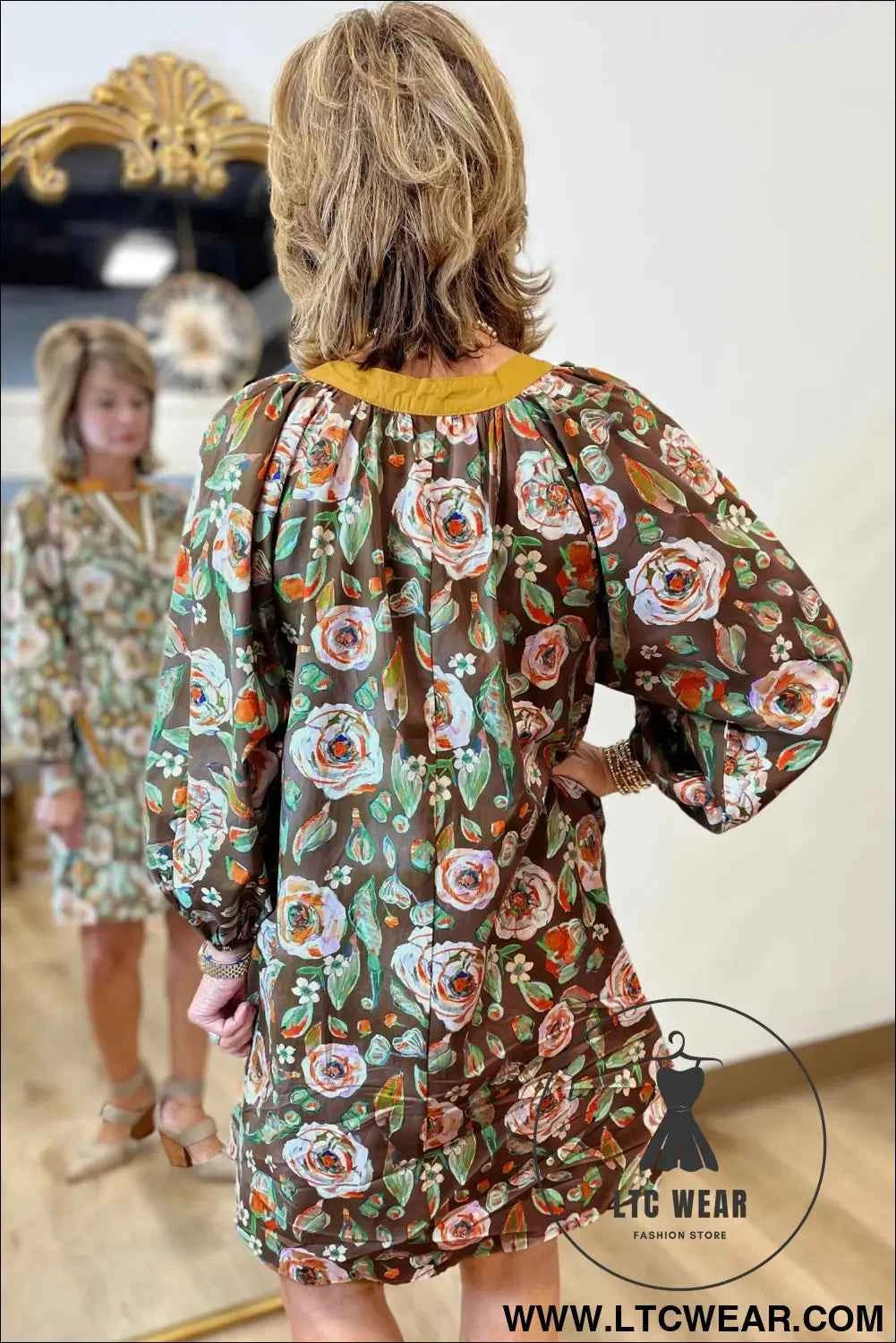 Brown Floral Print Contrast Trim V Neck Pocketed Long Sleeve Mini Dress