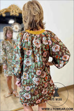 Brown Floral Print Contrast Trim V Neck Pocketed Long Sleeve Mini Dress