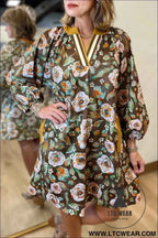Brown Floral Print Contrast Trim V Neck Pocketed Long Sleeve Mini Dress