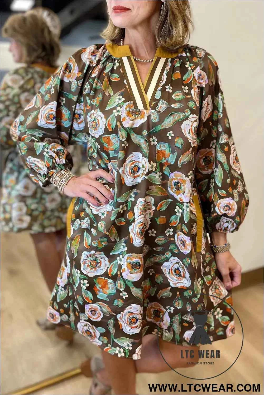 Brown Floral Print Contrast Trim V Neck Pocketed Long Sleeve Mini Dress