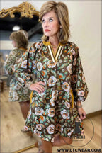 Brown Floral Print Contrast Trim V Neck Pocketed Long Sleeve Mini Dress