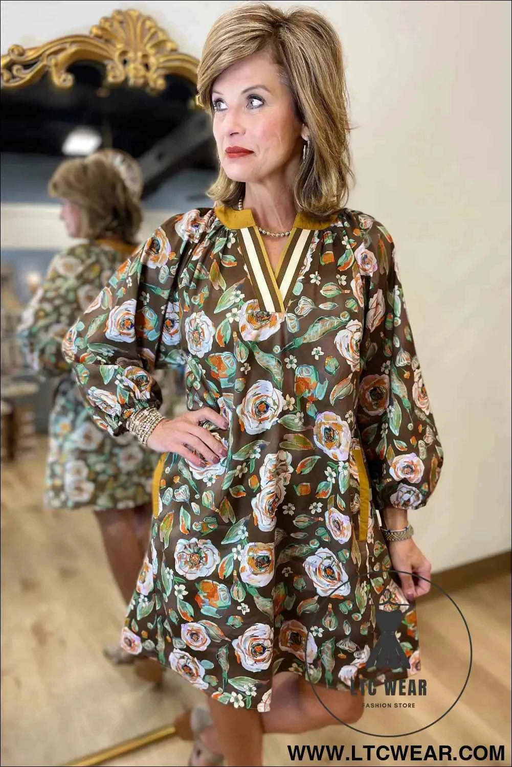Brown Floral Print Contrast Trim V Neck Pocketed Long Sleeve Mini Dress