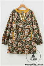 Brown Floral Print Contrast Trim V Neck Pocketed Long Sleeve Mini Dress