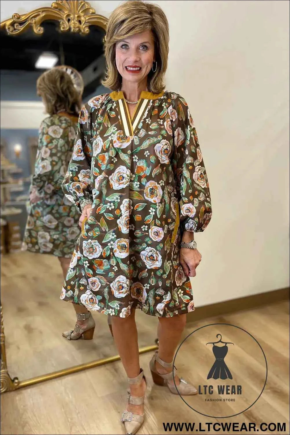 Brown Floral Print Contrast Trim V Neck Pocketed Long Sleeve Mini Dress