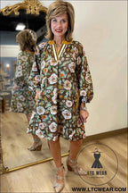 Brown Floral Print Contrast Trim V Neck Pocketed Long Sleeve Mini Dress